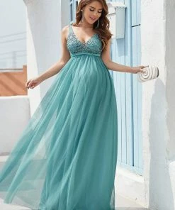 Ever-Pretty US Maternity Dresses Double V-Neck Lace Bodice Long Flowy Maternity Dress