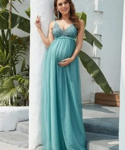 Ever-Pretty US Maternity Dresses Double V-Neck Lace Bodice Long Flowy Maternity Dress