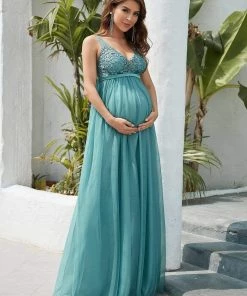 Ever-Pretty US Maternity Dresses Double V-Neck Lace Bodice Long Flowy Maternity Dress