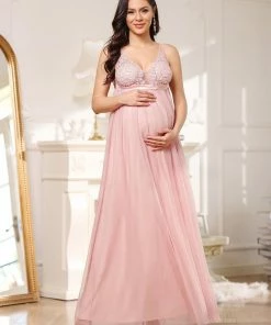 Ever-Pretty US Maternity Dresses Double V-Neck Lace Bodice Long Flowy Maternity Dress