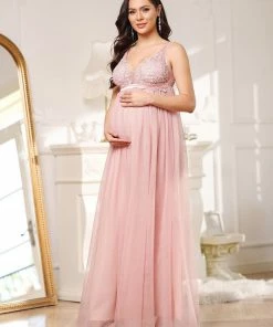 Ever-Pretty US Maternity Dresses Double V-Neck Lace Bodice Long Flowy Maternity Dress