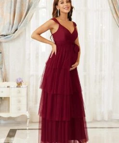 Ever-Pretty US Tie Waist V-Neck Tiered Floor-length Maternity Dress Maternity Dresses