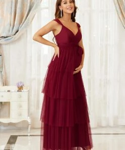 Ever-Pretty US Maternity Dresses Plus Size Tie Waist V-Neck Tiered Floor-length Maternity Dress