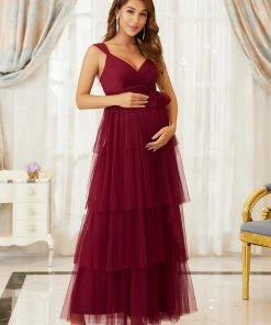 Ever-Pretty US Maternity Dresses Plus Size Tie Waist V-Neck Tiered Floor-length Maternity Dress