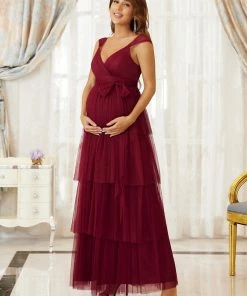 Ever-Pretty US Maternity Dresses Plus Size Tie Waist V-Neck Tiered Floor-length Maternity Dress