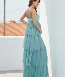 Ever-Pretty US Maternity Dresses Plus Size Tie Waist V-Neck Tiered Floor-length Maternity Dress