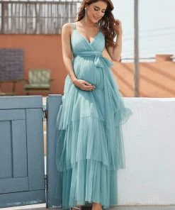 Ever-Pretty US Tie Waist V-Neck Tiered Floor-length Maternity Dress Maternity Dresses