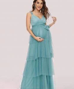 Ever-Pretty US Tie Waist V-Neck Tiered Floor-length Maternity Dress Maternity Dresses