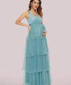 Ever-Pretty US Tie Waist V-Neck Tiered Floor-length Maternity Dress Maternity Dresses
