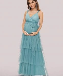 Ever-Pretty US Tie Waist V-Neck Tiered Floor-length Maternity Dress Maternity Dresses