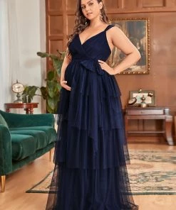 Ever-Pretty US Maternity Dresses Plus Size Tie Waist V-Neck Tiered Floor-length Maternity Dress