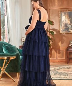 Ever-Pretty US Maternity Dresses Plus Size Tie Waist V-Neck Tiered Floor-length Maternity Dress