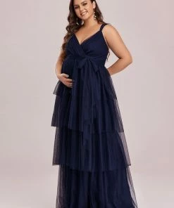 Ever-Pretty US Maternity Dresses Plus Size Tie Waist V-Neck Tiered Floor-length Maternity Dress