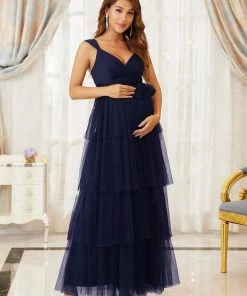 Ever-Pretty US Tie Waist V-Neck Tiered Floor-length Maternity Dress Maternity Dresses