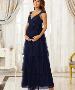Ever-Pretty US Tie Waist V-Neck Tiered Floor-length Maternity Dress Maternity Dresses
