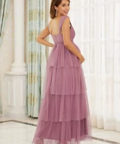 Ever-Pretty US Tie Waist V-Neck Tiered Floor-length Maternity Dress Maternity Dresses