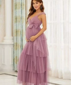 Ever-Pretty US Tie Waist V-Neck Tiered Floor-length Maternity Dress Maternity Dresses