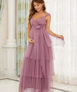 Ever-Pretty US Tie Waist V-Neck Tiered Floor-length Maternity Dress Maternity Dresses