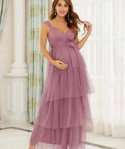 Ever-Pretty US Tie Waist V-Neck Tiered Floor-length Maternity Dress Maternity Dresses