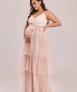 Ever-Pretty US Maternity Dresses Plus Size Tie Waist V-Neck Tiered Floor-length Maternity Dress