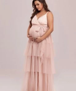 Ever-Pretty US Maternity Dresses Plus Size Tie Waist V-Neck Tiered Floor-length Maternity Dress
