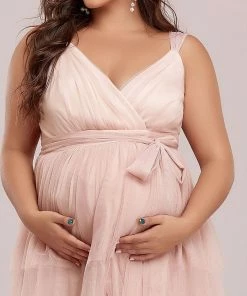 Ever-Pretty US Maternity Dresses Plus Size Tie Waist V-Neck Tiered Floor-length Maternity Dress