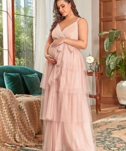 Ever-Pretty US Maternity Dresses Plus Size Tie Waist V-Neck Tiered Floor-length Maternity Dress