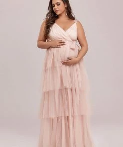 Ever-Pretty US Maternity Dresses Plus Size Tie Waist V-Neck Tiered Floor-length Maternity Dress