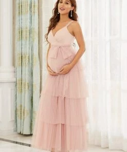 Ever-Pretty US Tie Waist V-Neck Tiered Floor-length Maternity Dress Maternity Dresses