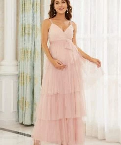 Ever-Pretty US Tie Waist V-Neck Tiered Floor-length Maternity Dress Maternity Dresses