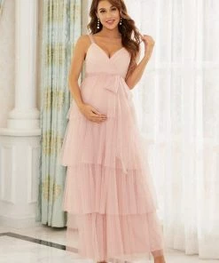 Ever-Pretty US Tie Waist V-Neck Tiered Floor-length Maternity Dress Maternity Dresses