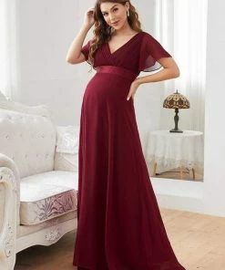 Ever-Pretty US Ruched Bodice Flowy Chiffon Floor-Length Bump Friendly Dress With Sleeves