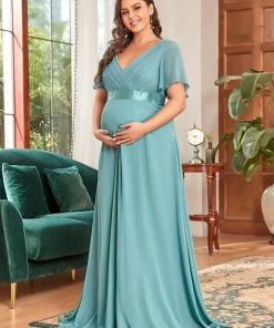 Ever-Pretty US Plus Size Ruffle Sleeve Floor-Length Formal Maternity Dress Maternity Dresses