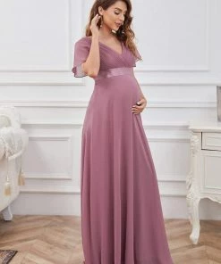Ever-Pretty US Ruched Bodice Flowy Chiffon Floor-Length Bump Friendly Dress With Sleeves 50 Ever-Pretty US Ruched Bodice Flowy Chiffon Floor-Length Bump Friendly Dress With Sleeves