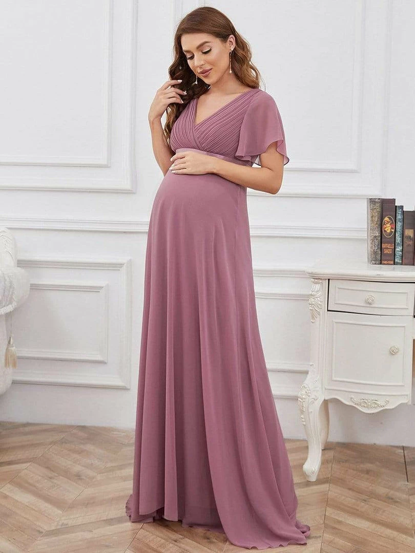 Ever-Pretty US Ruched Bodice Flowy Chiffon Floor-Length Bump Friendly Dress With Sleeves 16 Ever-Pretty US Ruched Bodice Flowy Chiffon Floor-Length Bump Friendly Dress With Sleeves