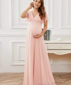 Ever-Pretty US Ruched Bodice Flowy Chiffon Floor-Length Bump Friendly Dress With Sleeves