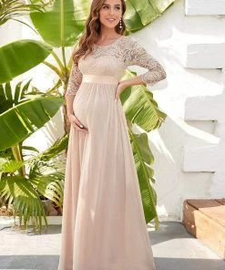 Ever-Pretty US Sweetheart 3/4 Sleeve Floor-Length Lace Bump Friendly Dress