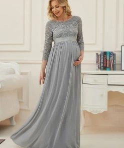 Ever-Pretty US Sweetheart 3/4 Sleeve Floor-Length Lace Bump Friendly Dress