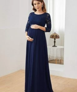 Ever-Pretty US Sweetheart 3/4 Sleeve Floor-Length Lace Bump Friendly Dress