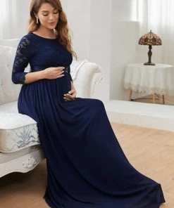 Ever-Pretty US Sweetheart 3/4 Sleeve Floor-Length Lace Bump Friendly Dress