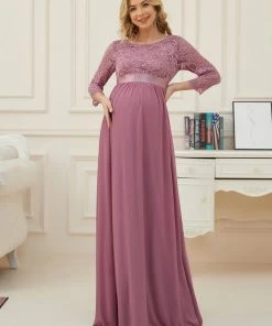 Ever-Pretty US Sweetheart 3/4 Sleeve Floor-Length Lace Bump Friendly Dress