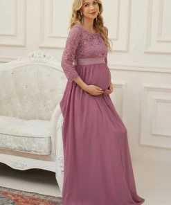 Ever-Pretty US Sweetheart 3/4 Sleeve Floor-Length Lace Bump Friendly Dress