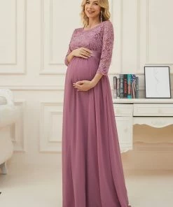 Ever-Pretty US Sweetheart 3/4 Sleeve Floor-Length Lace Bump Friendly Dress