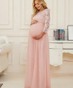 Ever-Pretty US Sweetheart 3/4 Sleeve Floor-Length Lace Bump Friendly Dress