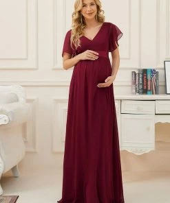 Ever-Pretty US Floral Print V-Neck Short Sleeve Ruffle Bump Friendly Dress