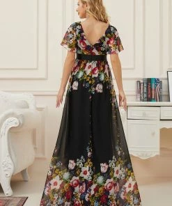 Ever-Pretty US Floral Print V-Neck Short Sleeve Ruffle Bump Friendly Dress