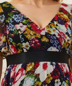 Ever-Pretty US Floral Print V-Neck Short Sleeve Ruffle Bump Friendly Dress