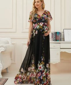 Ever-Pretty US Floral Print V-Neck Short Sleeve Ruffle Bump Friendly Dress