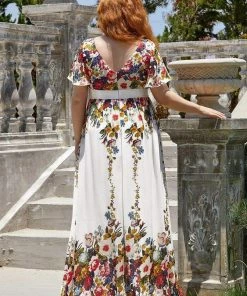 Ever-Pretty US Floral Print V-Neck Short Sleeve Ruffle Bump Friendly Dress