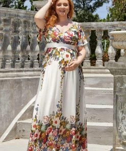 Ever-Pretty US Plus Size Floral Print V-Neck Short Sleeve Ruffle Bump Friendly Dress Maternity Dresses
